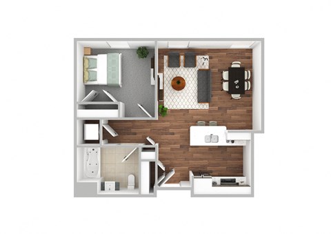 Floor plan for 1 bed, 1 bath, 723 sqft